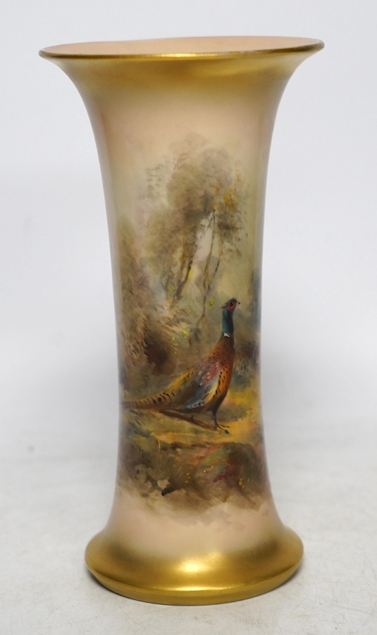 James Stinton for Royal Worcester, a porcelain vase with hand painted scene depicting pheasant in woodland landscape, shape G 923, 19.5cm. Condition - good